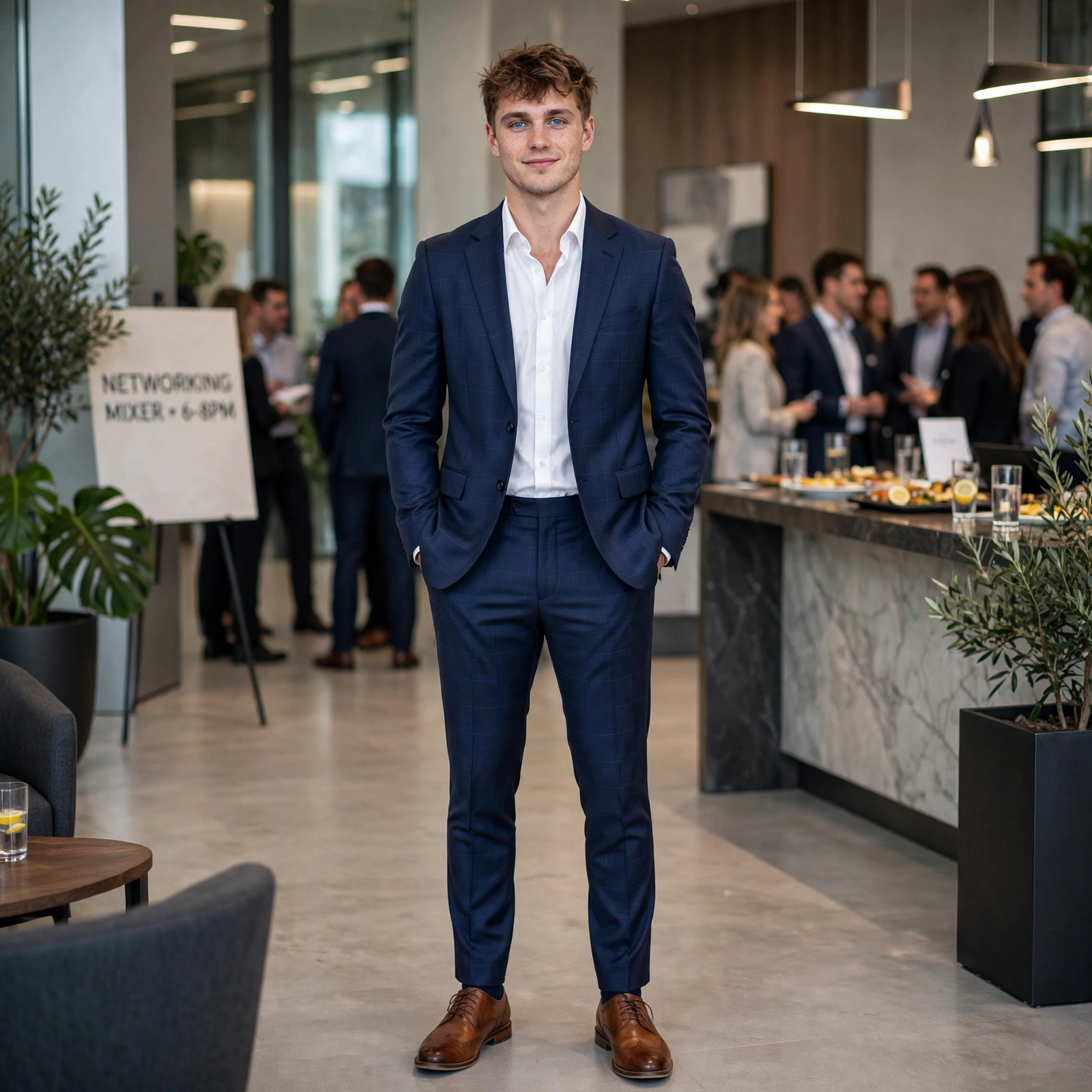 A man standing at a professional networking event wearing a slim-fit navy windowpane check suit and medium brown leather brogue dress shoes.