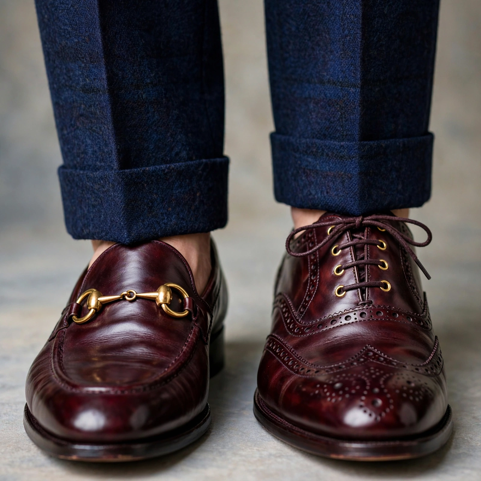 A close-up shot of a man wearing cuffed navy blue suit pants with a burgundy horsebit loafer on one foot and an oxblood leather wingtip dress shoe on the other.