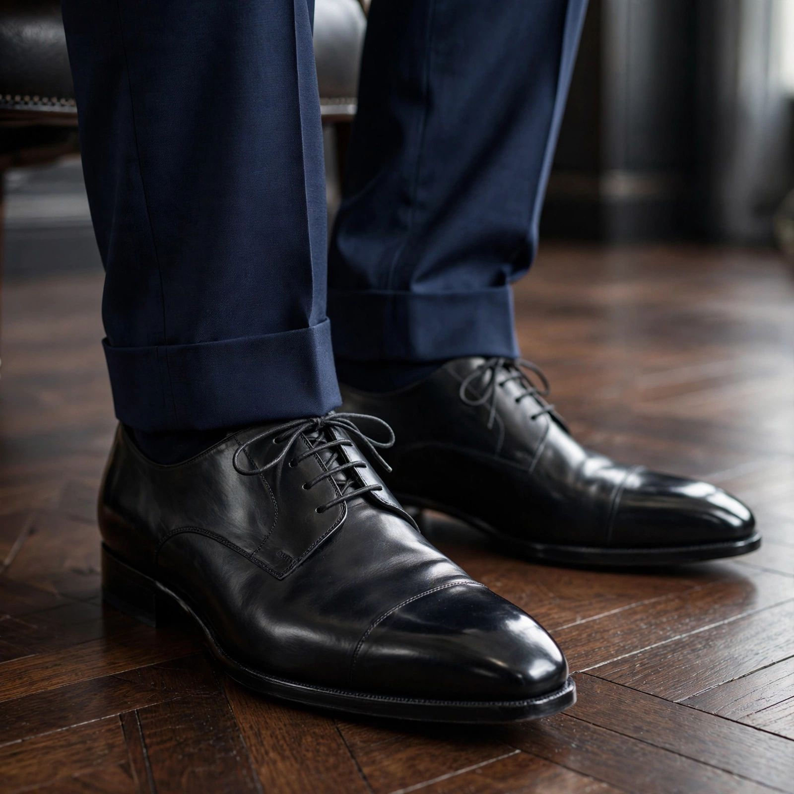 A close-up shot of a man's feet wearing tailored navy blue suit trousers and polished black leather cap-toe Oxford dress shoes.