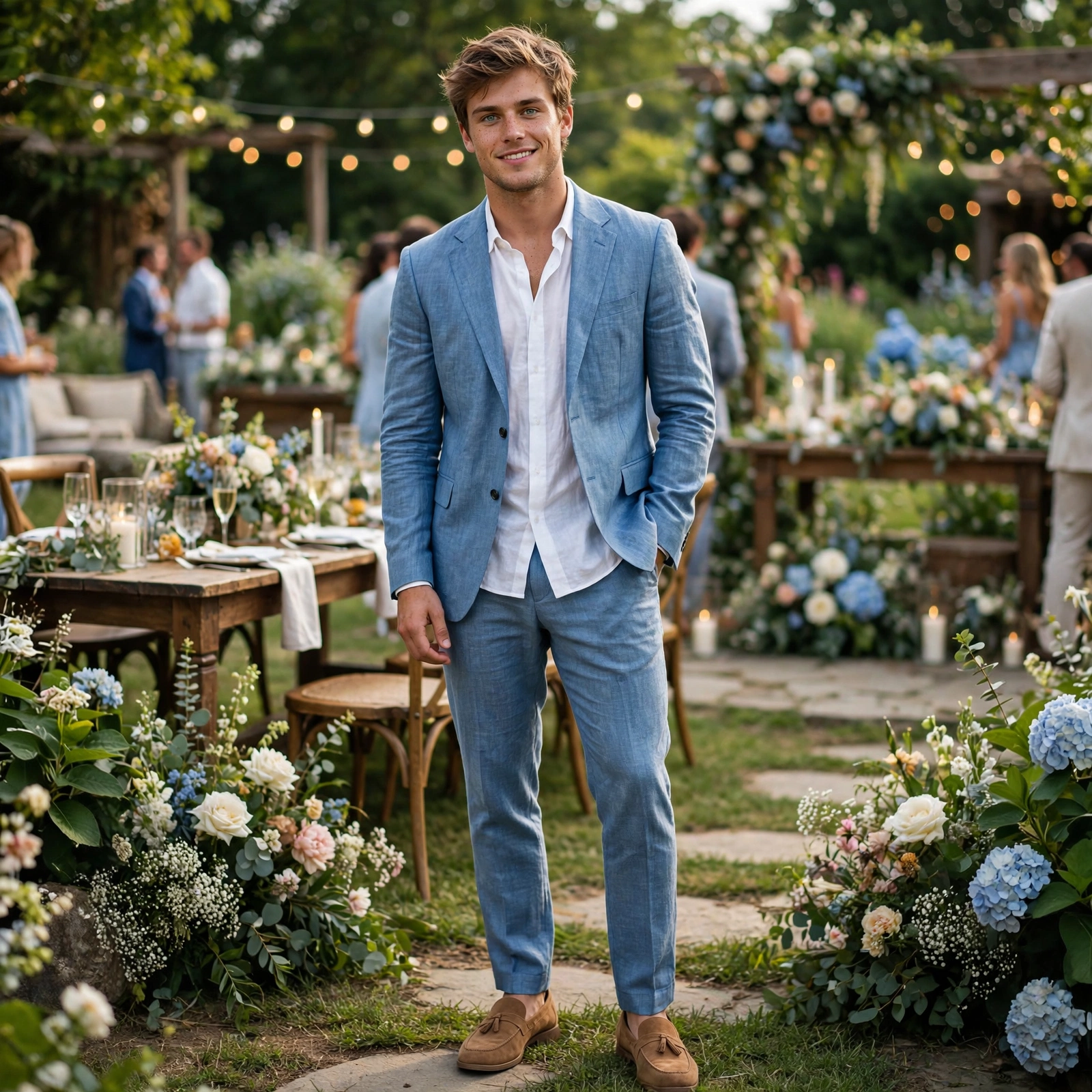 A man smiling at an outdoor summer garden wedding wearing a light blue linen blend suit and tan suede tassel loafers.