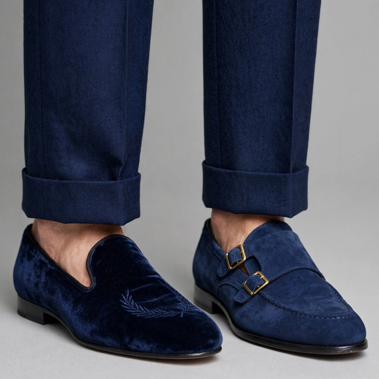 A close-up shot comparing an embroidered navy blue velvet slipper and a navy suede double-monk strap dress shoe paired with cuffed navy suit pants.