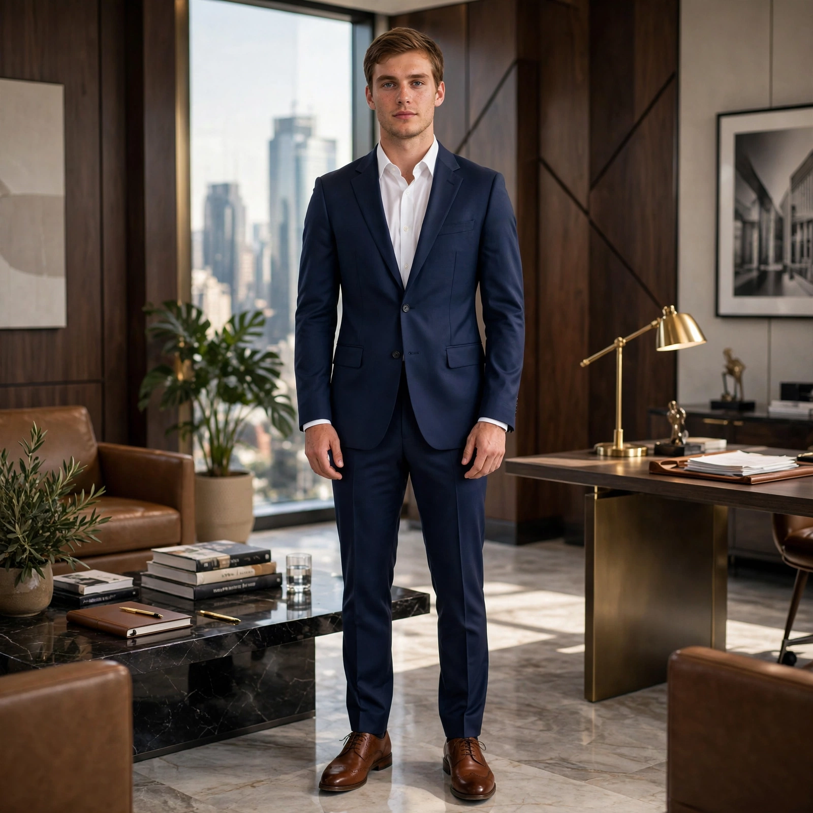 A man in a tailored navy blue suit and dark brown leather dress shoes standing in a modern high-rise office.