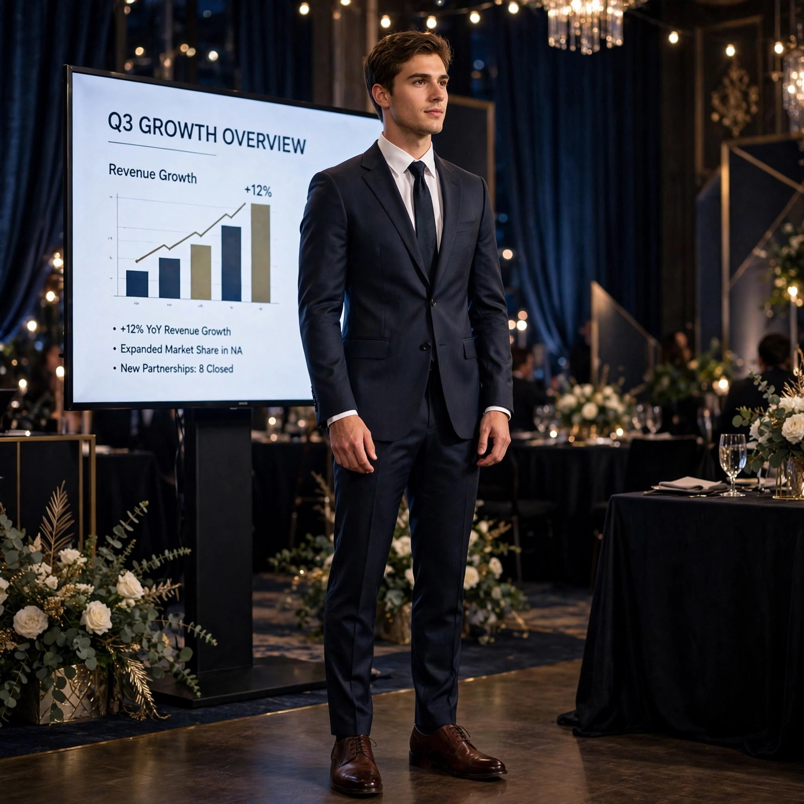 A man standing next to a business growth presentation screen wearing a slim-fit navy blue suit and dark espresso brown leather dress shoes.