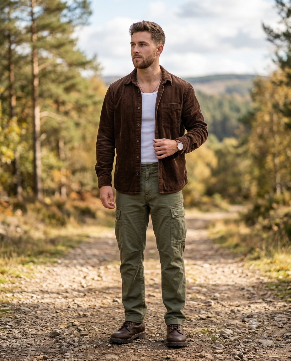 Rugged men's chocolate brown corduroy overshirt layered over a white t-shirt with olive green cargo pants