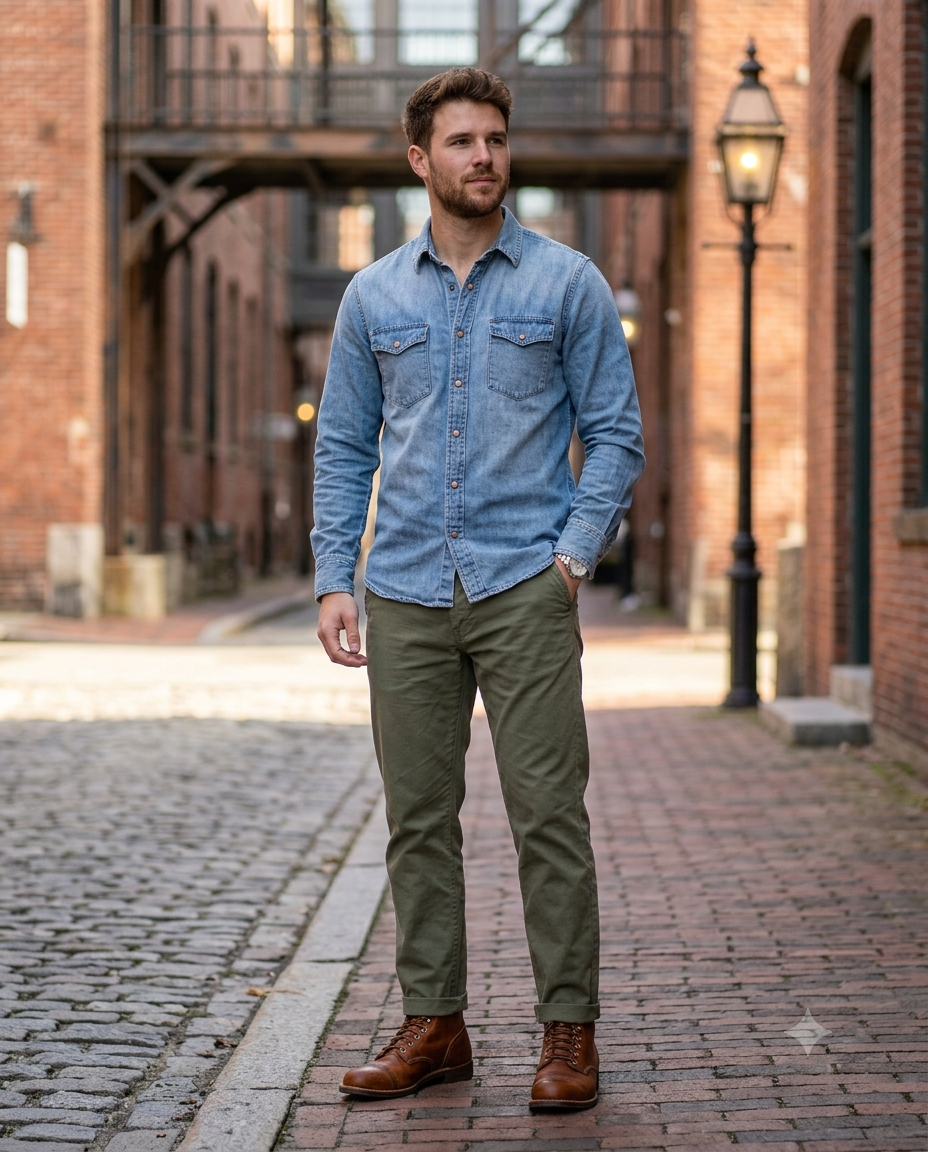 Classic men's light blue washed denim button-down shirt paired with olive green chinos and brown leather boots