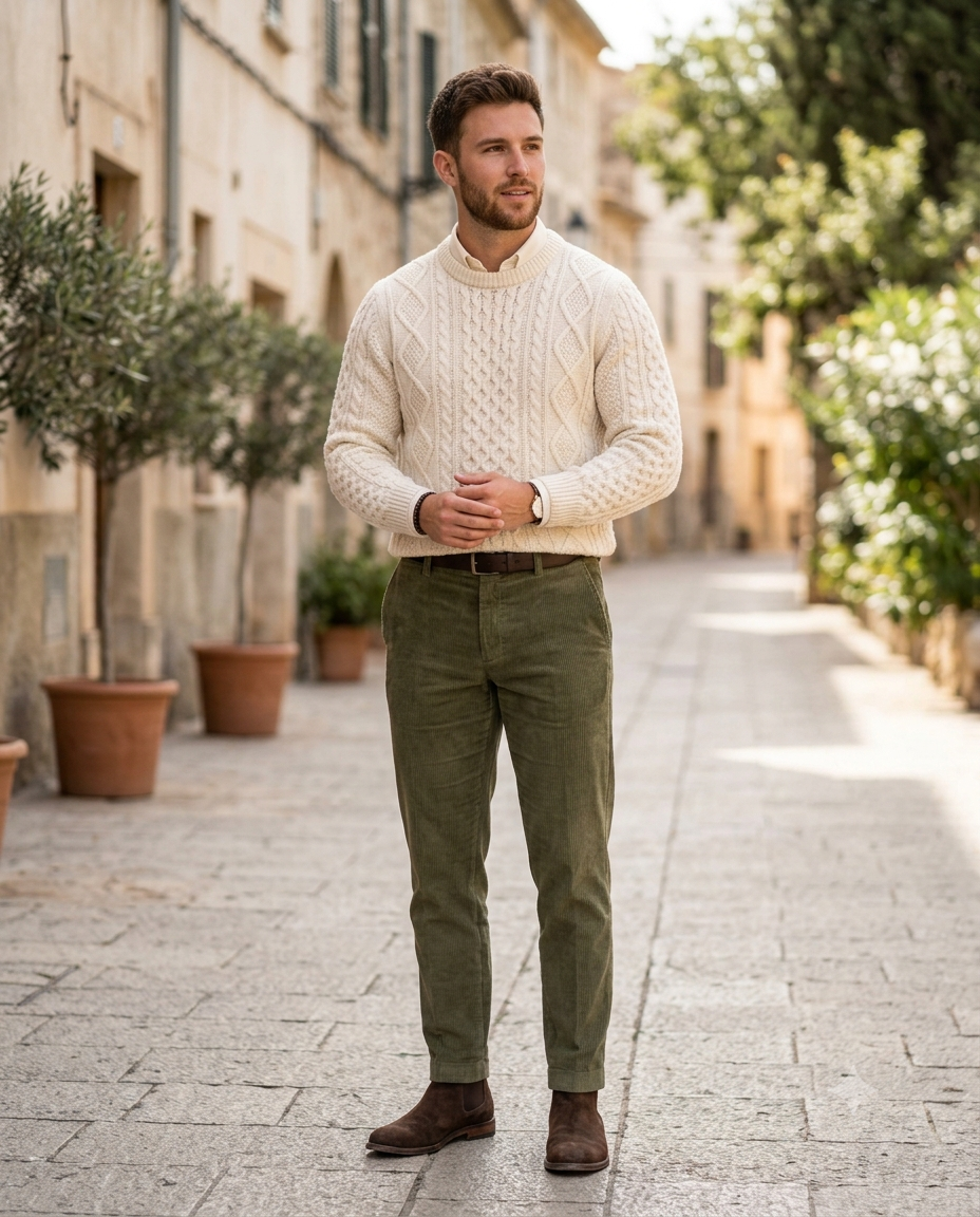 Quiet luxury men's cream cable knit sweater paired with olive green corduroy trousers