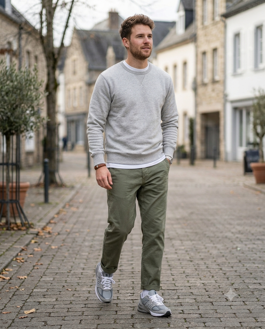Casual light heather grey crewneck sweatshirt layered over a white shirt with men's olive green chinos