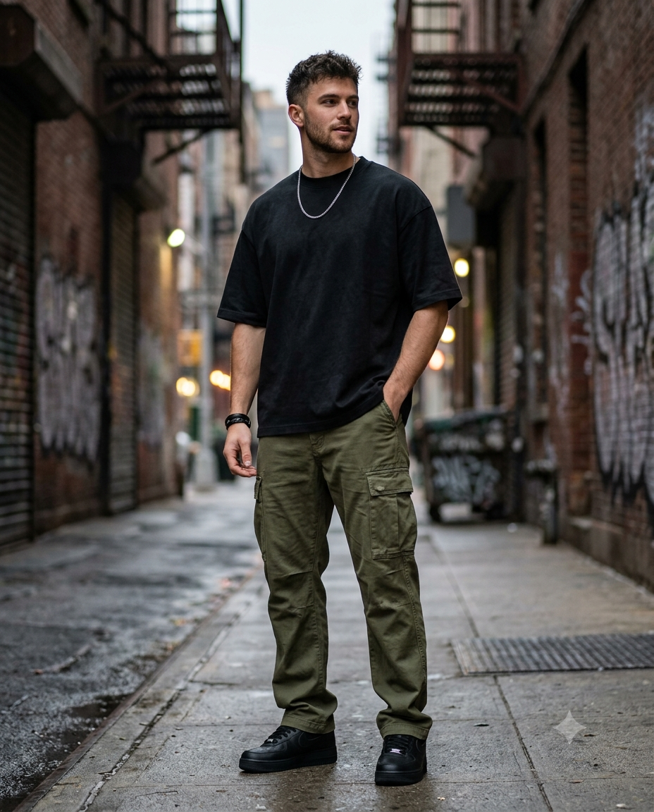 Sleek matte black crewneck t-shirt with men's olive green utility cargo pants streetwear