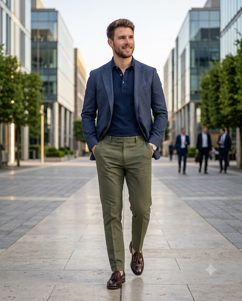 Men's smart-casual corporate look featuring a navy blue patterned blazer, navy polo shirt, and olive green dress trousers with dark brown leather tassel loafers