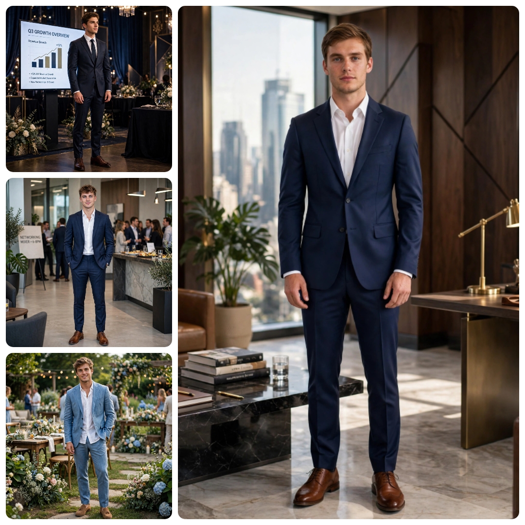A professionally tailored man in a dark navy suit standing in a modern office wearing polished brown Oxford dress shoes, with side panels showing casual and formal variations.